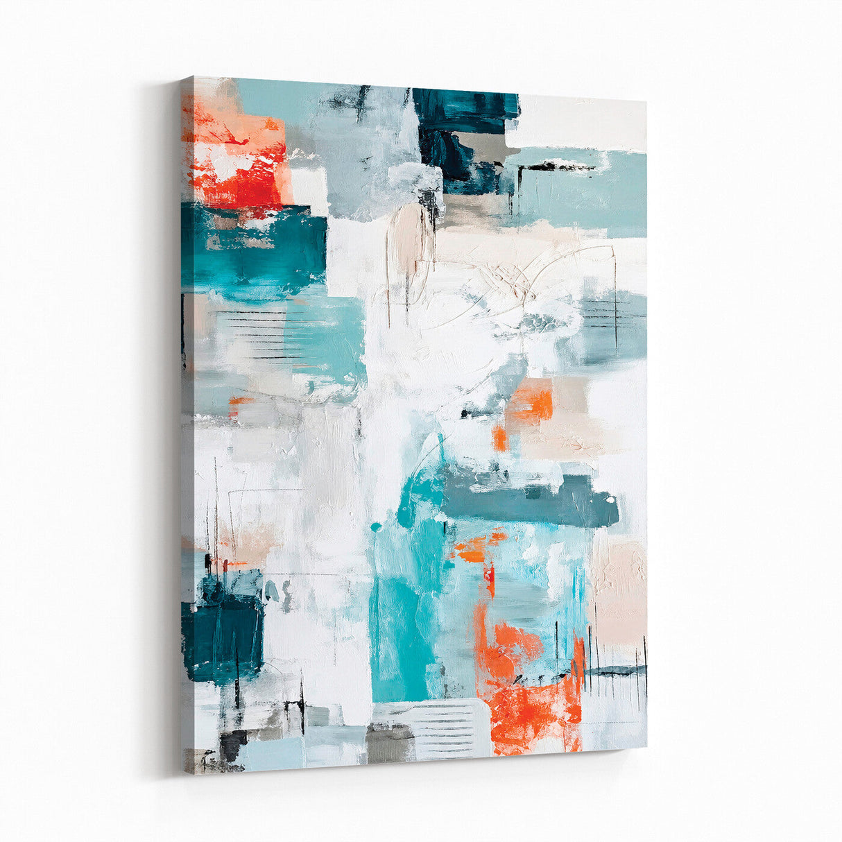 Blue Teal Abstract Canvas Wall Art, Modern Textured Painting Print, Navy Orange White Contemporary Art, Neutral Living Room Decor, Office Art