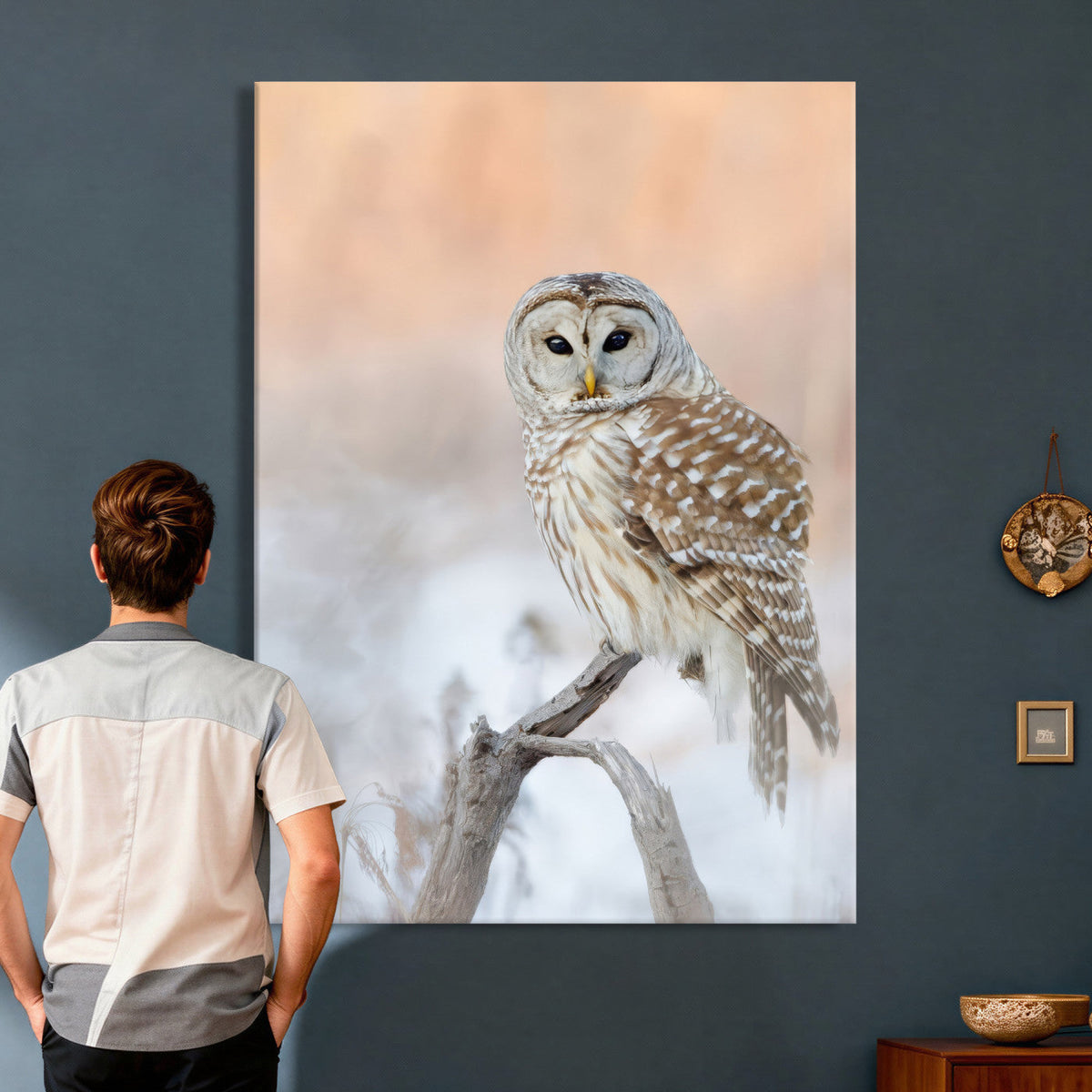 Barred Owl Wall Art Canvas Print – Soft Neutral Wildlife