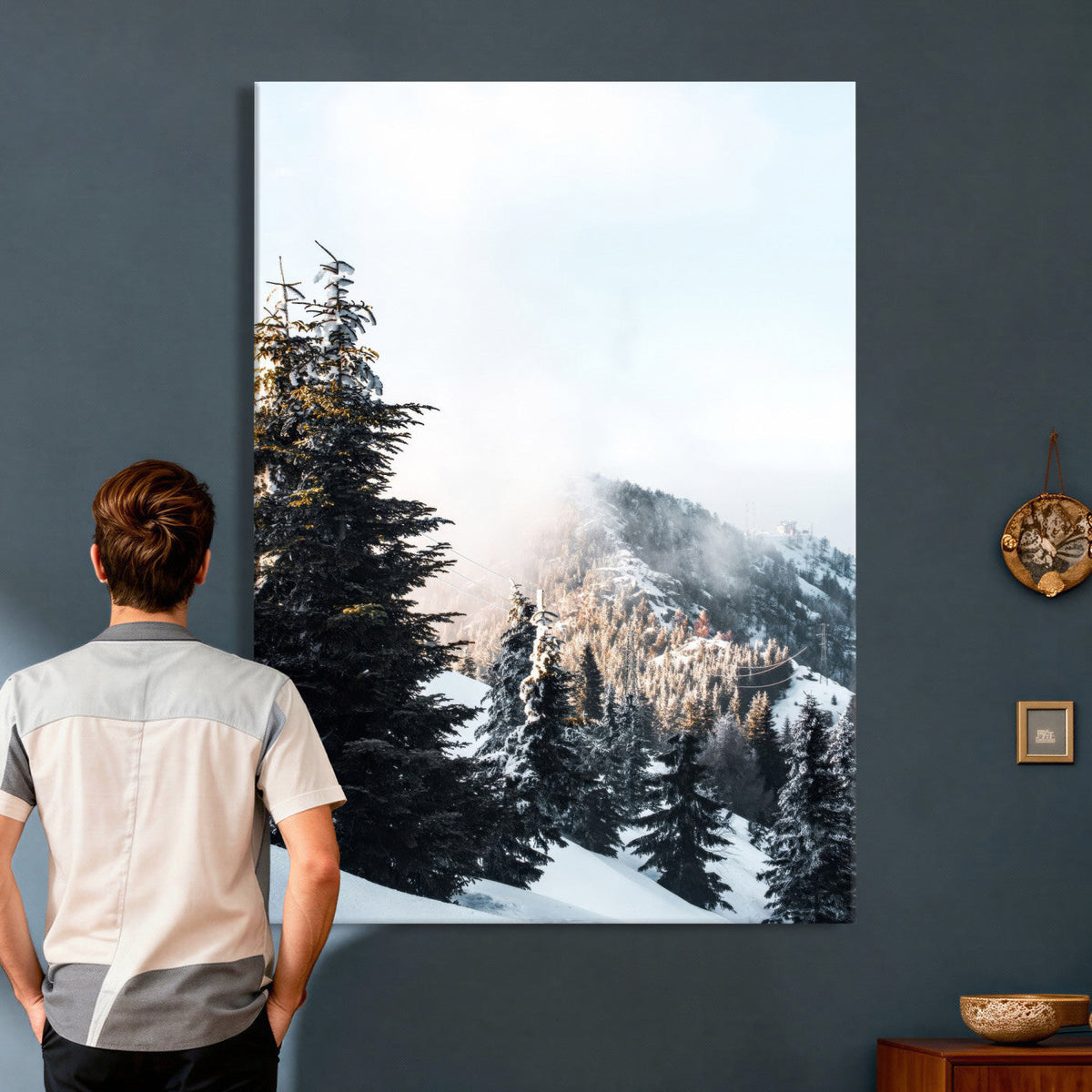 Snowy Mountain Forest Wall Art Canvas Print, Winter Pine