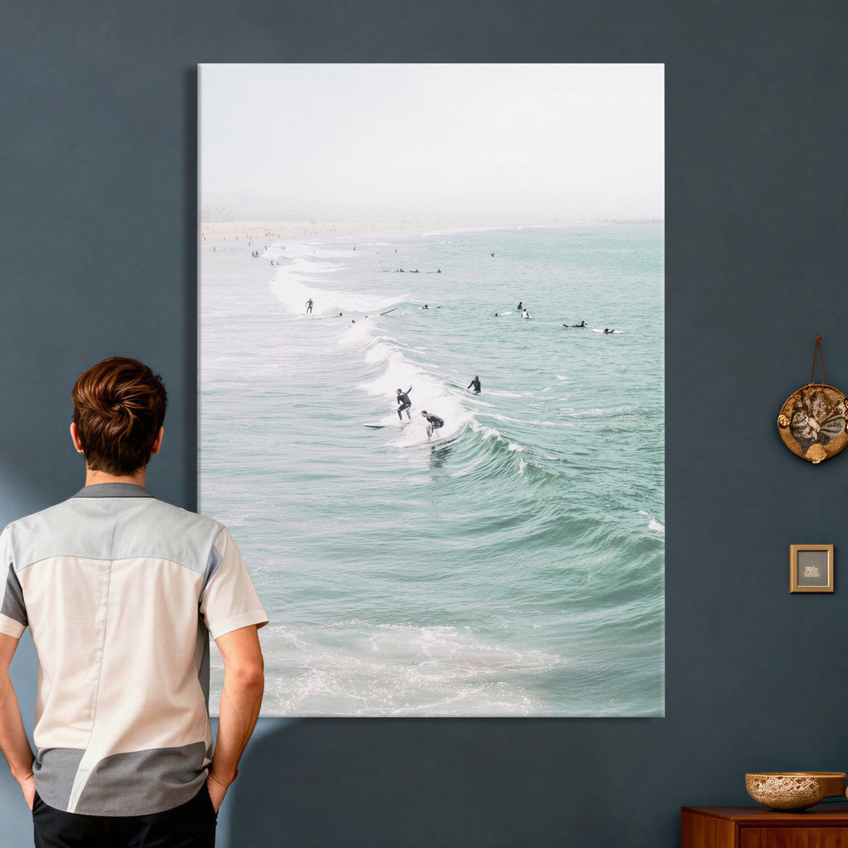 Surfers on Waves Canvas Wall Art, Aerial Ocean Photography