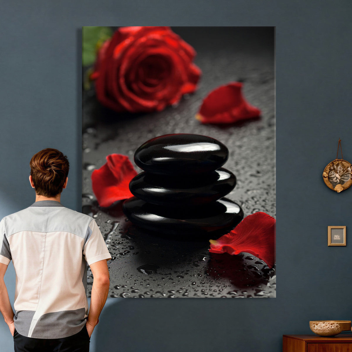 Black Lava Stone Rose Canvas | Red Rose Spa Photography