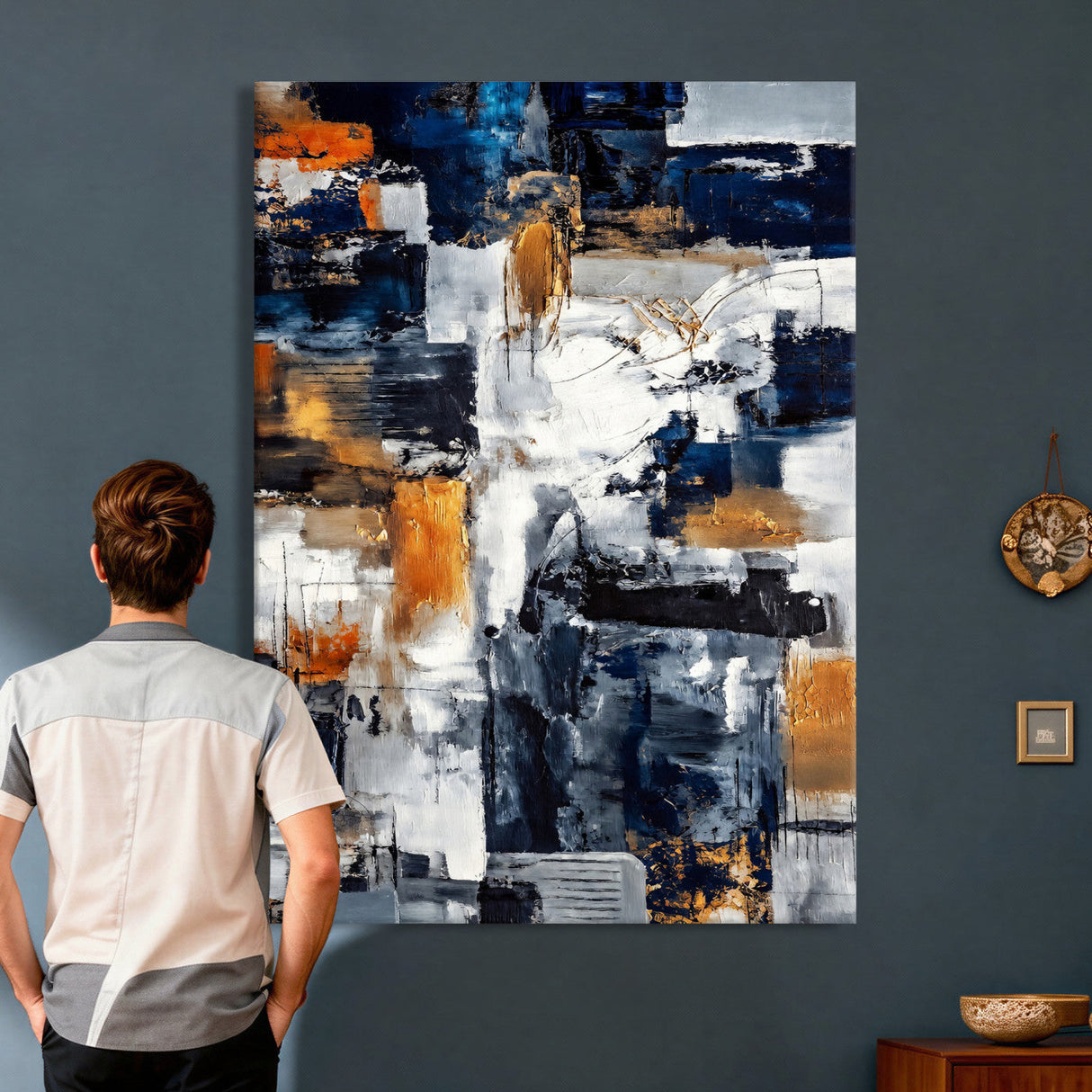 Blue Teal Abstract Canvas Wall Art, Modern Textured Painting Print, Navy Orange White Contemporary Art, Neutral Living Room Decor, Office Art