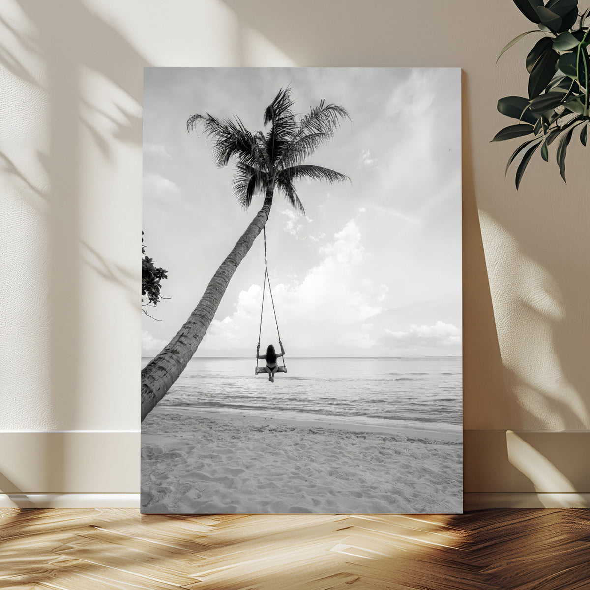Black White Palm Tree Wall Art Canvas Print – Framed