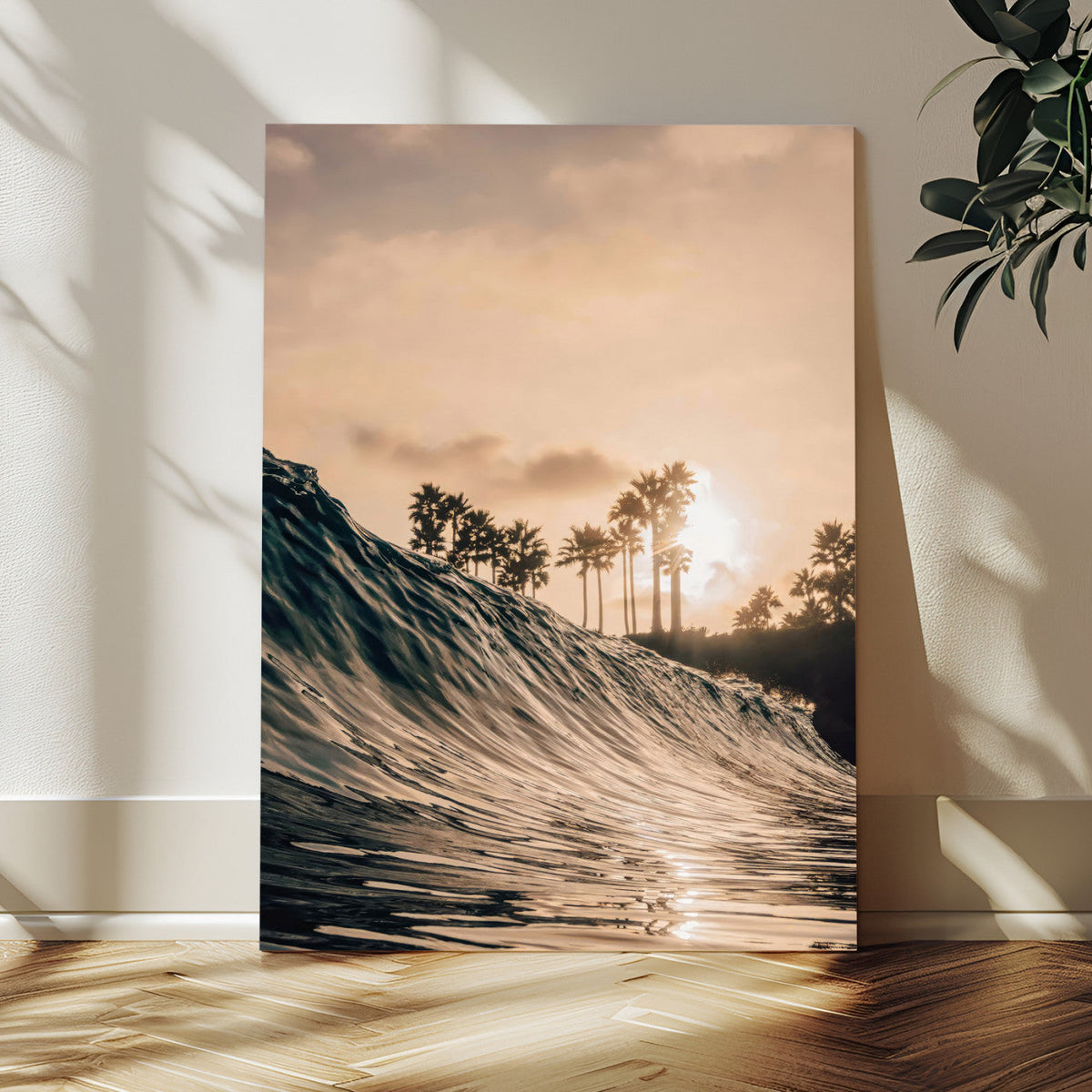 Sunset Wave Ocean Wall Art – Framed Palm Tree Canvas
