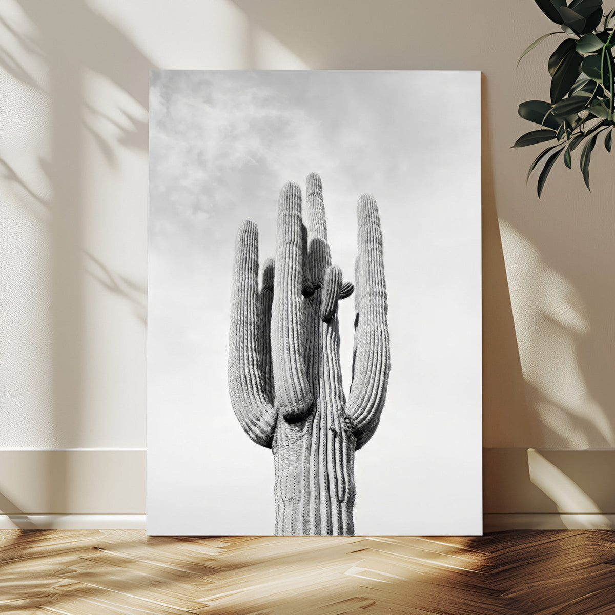 Saguaro Cactus Wall Art – Black and White Desert Canvas
