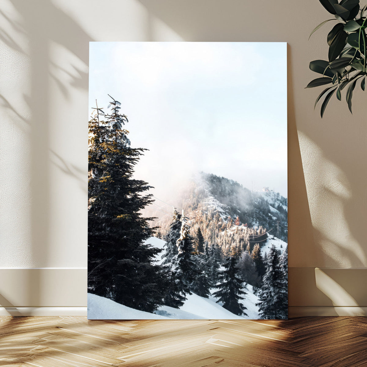 Snowy Mountain Forest Wall Art Canvas Print, Winter Pine