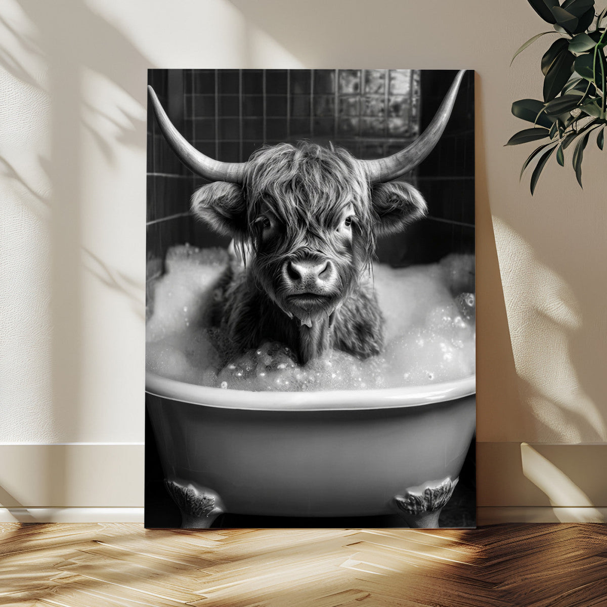 Highland Cow Bathtub Canvas Wall Art, Funny Bathroom Print