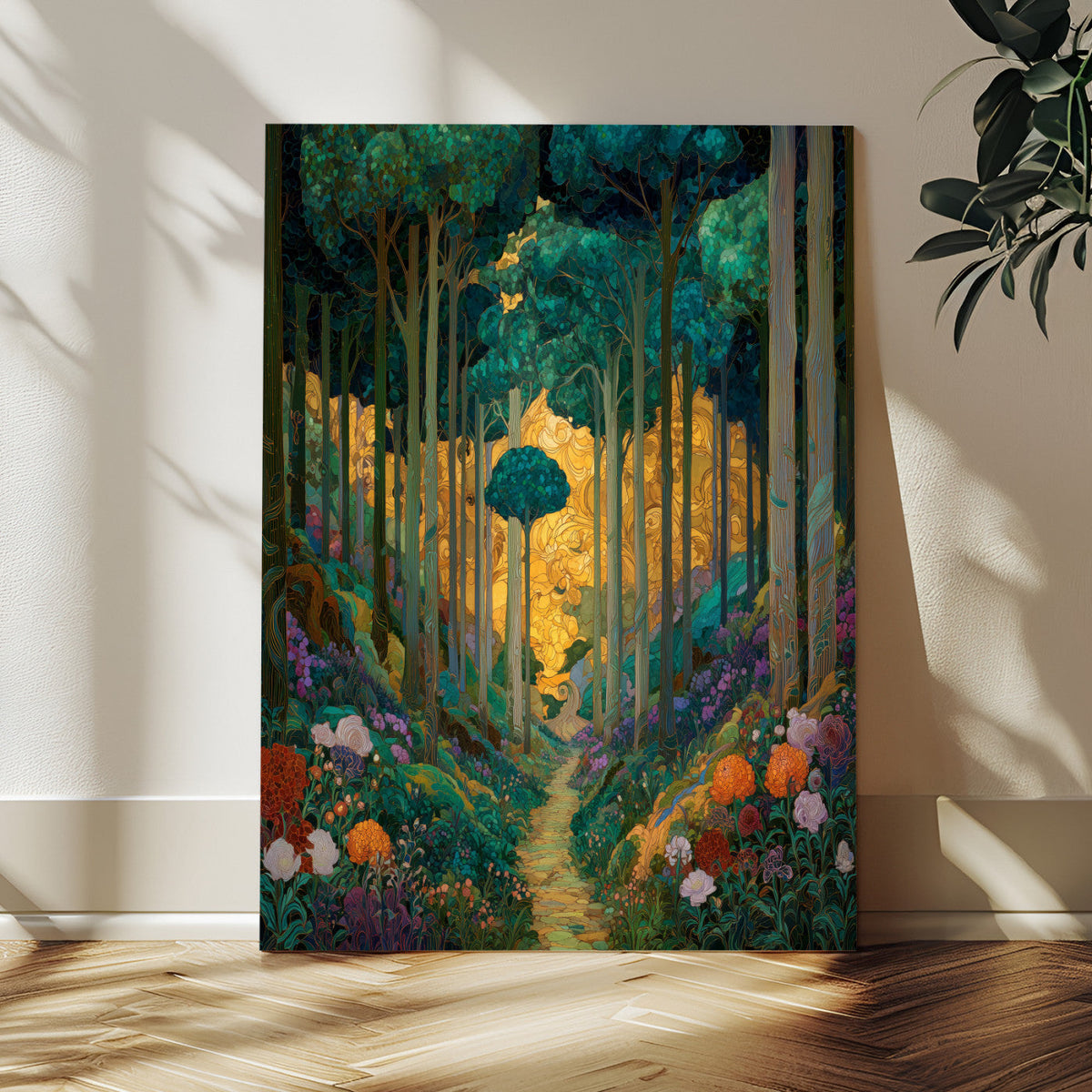 Gustav Klimt Style Forest Canvas Wall Art, Golden Forest