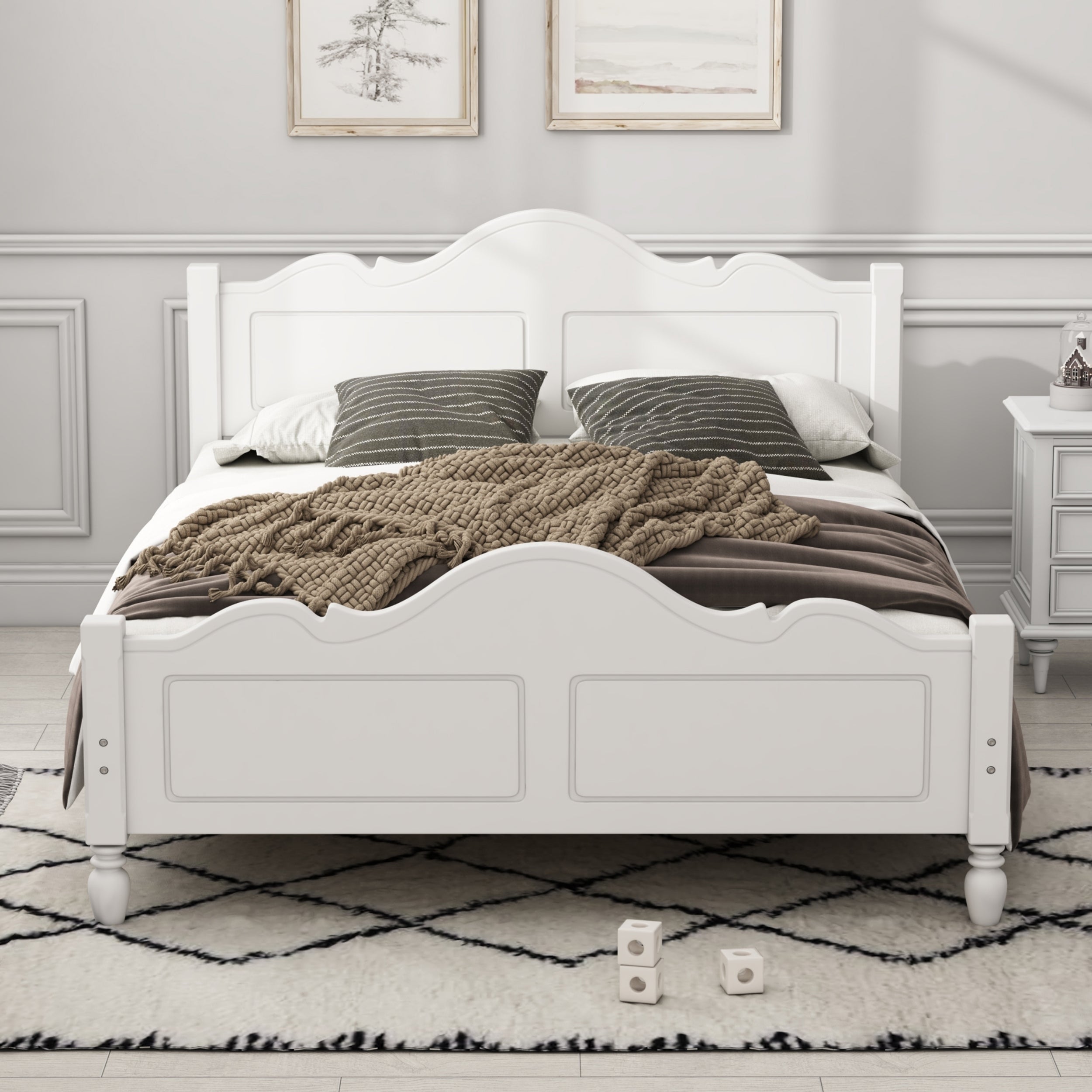 Traditional-Concise-Style-Solid-Wood-Platform-Bed,-No-Need-Box-Spring,-White-Queen-Beds-&-Bed-Frames