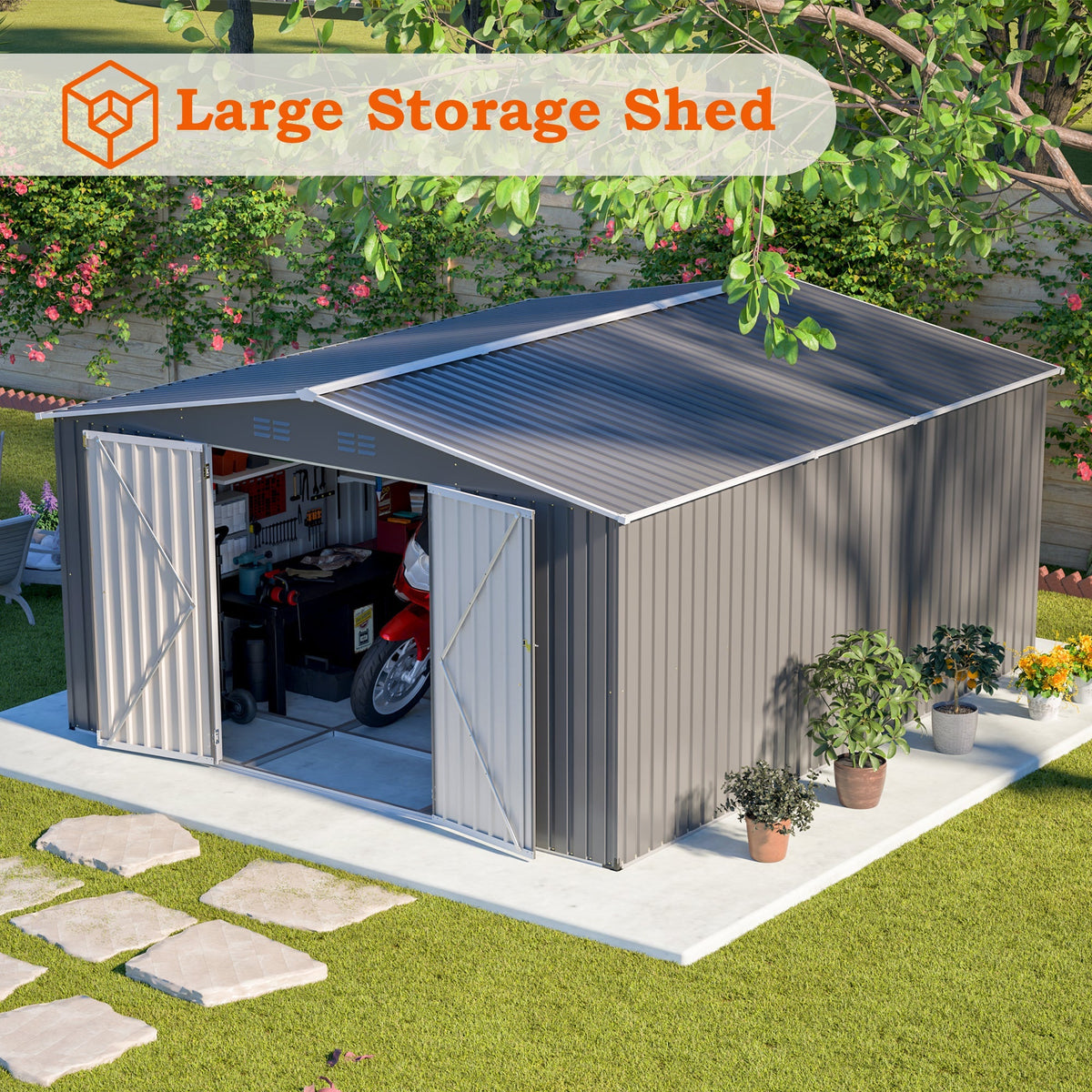 12×14 ft Outdoor Metal Storage Shed with Lockable Double Doors - Gray