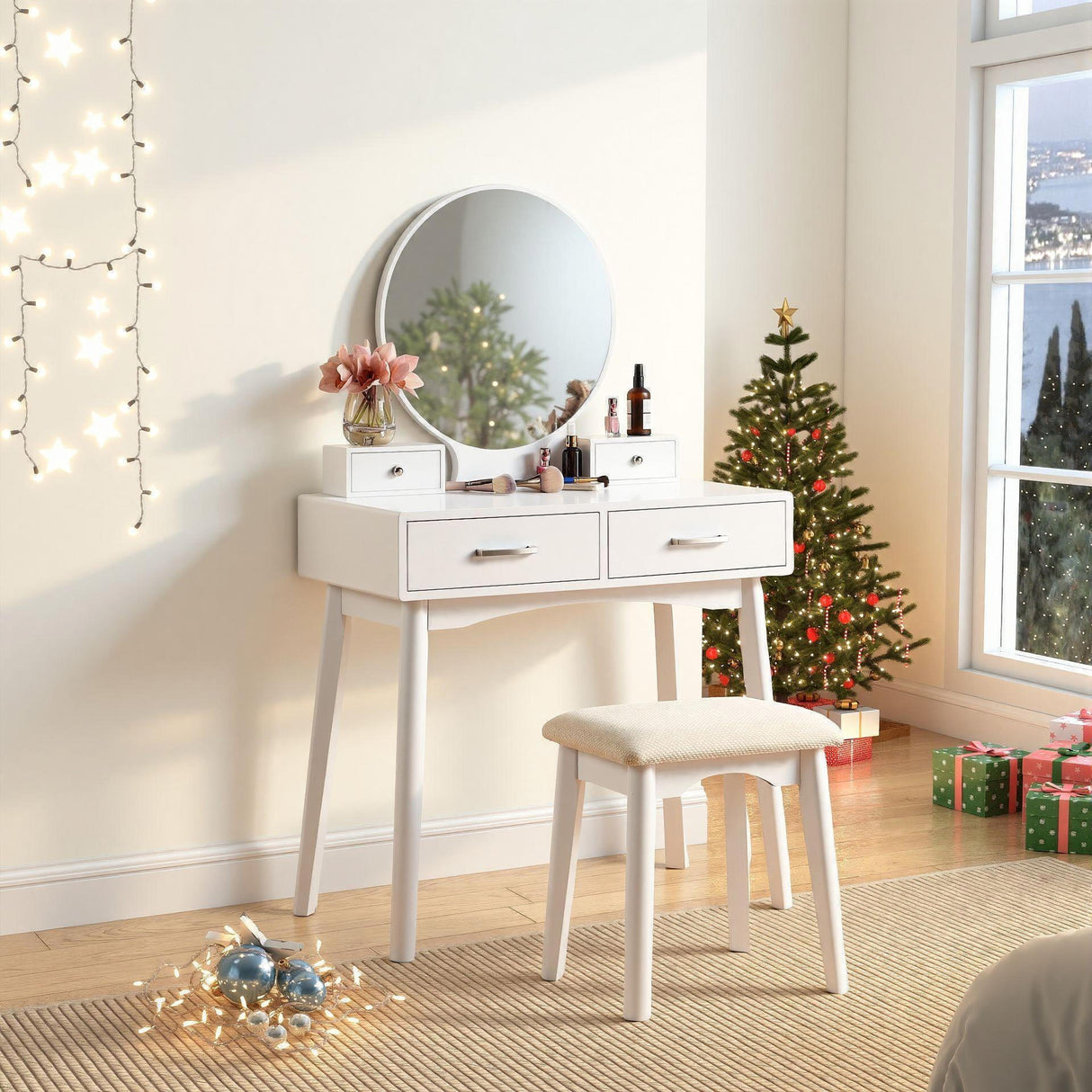 Liannon Contemporary Wood Vanity and Stool Set