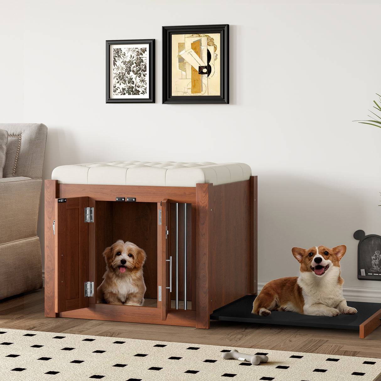 30.25'L,-2-in-1-Night-Stand-with-Storage-&-Dog-Crate,-Walnut-Pet-Supplies