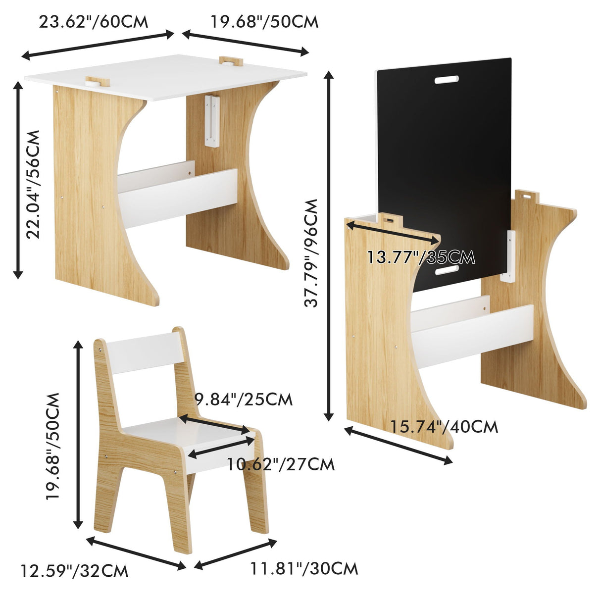 Table Set With 1 Chair, Multifunctional Study Table Convertible Top For Study Drawing & Play - White
