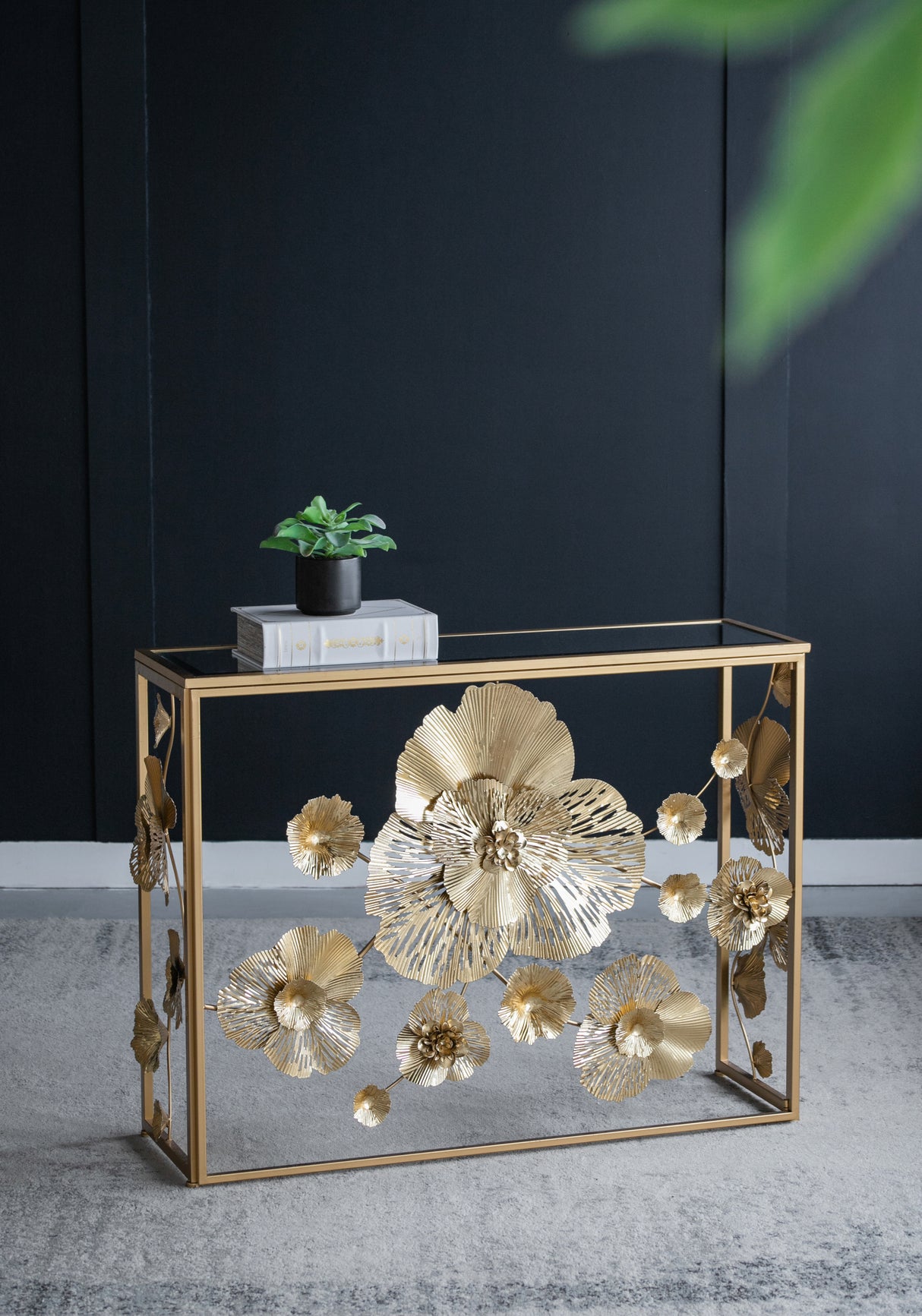 39.5'-x-12'-x-30.5'-Gold-Console-Table-with-Mirrored-Glass-Top-Console-Table