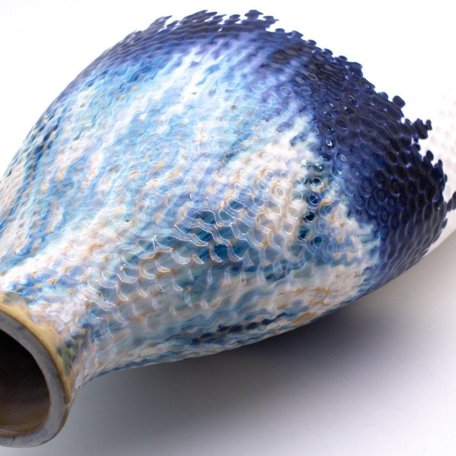 Fusion Collection 9" Oblong Bottle Vase – Deep Blue Dripping Glaze