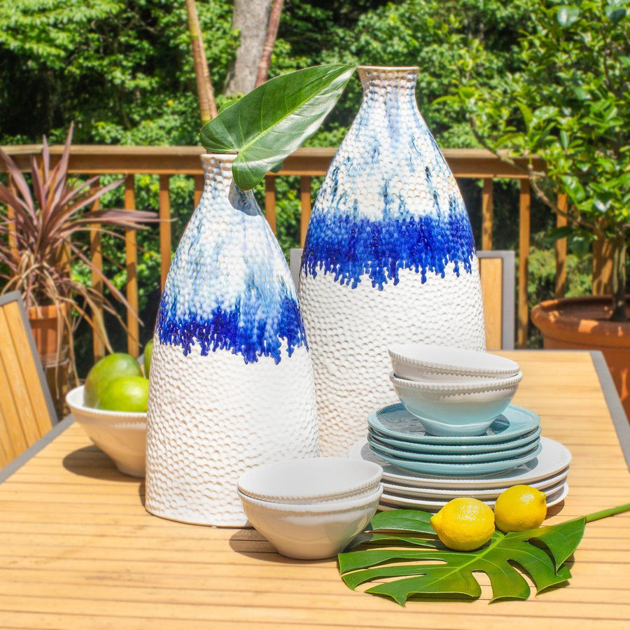 Fusion Collection Large 11" Oblong Bottle Vase – Deep Blue Dripping Glaze