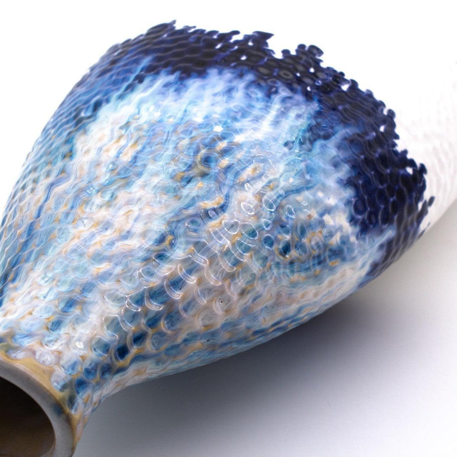 Fusion Collection Large 11" Oblong Bottle Vase – Deep Blue Dripping Glaze