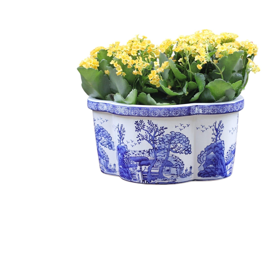 Ceramic blue & white landscape design 13.25-inch oval scalloped edge planter