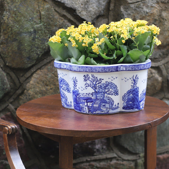 Ceramic blue & white landscape design 13.25-inch oval scalloped edge planter