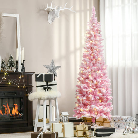 6ft-Pre-lit-Snow-Flocked--Christmas-Tree-with-Pencil-Shape,--Pink-and-White-Christmas-Tree
