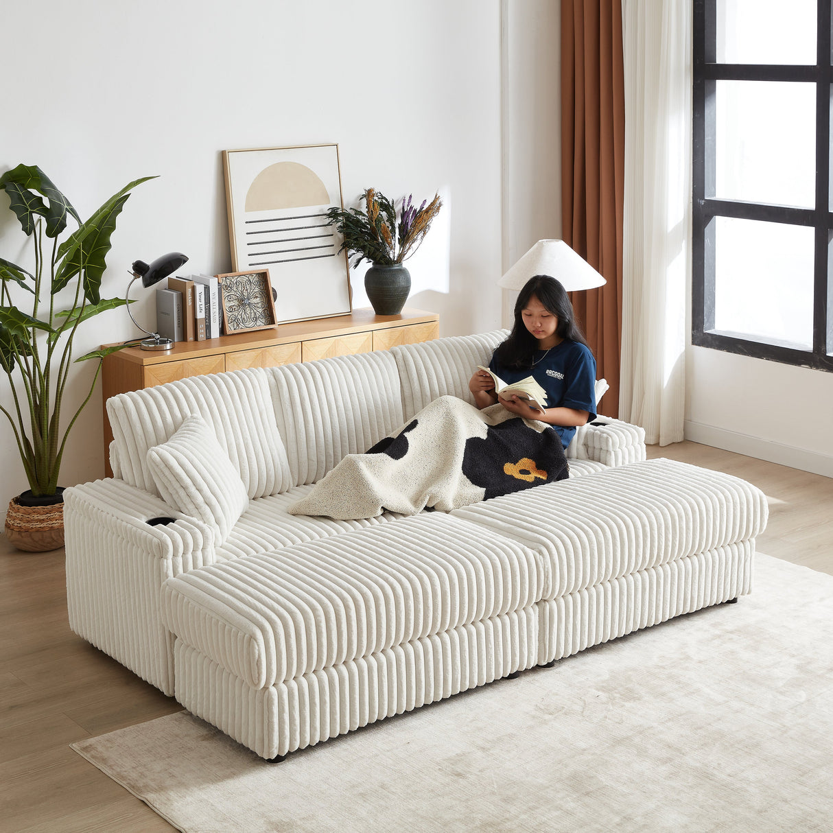 84-Inch Corduroy 3-Seater Sofa with Pillows and Ottomans