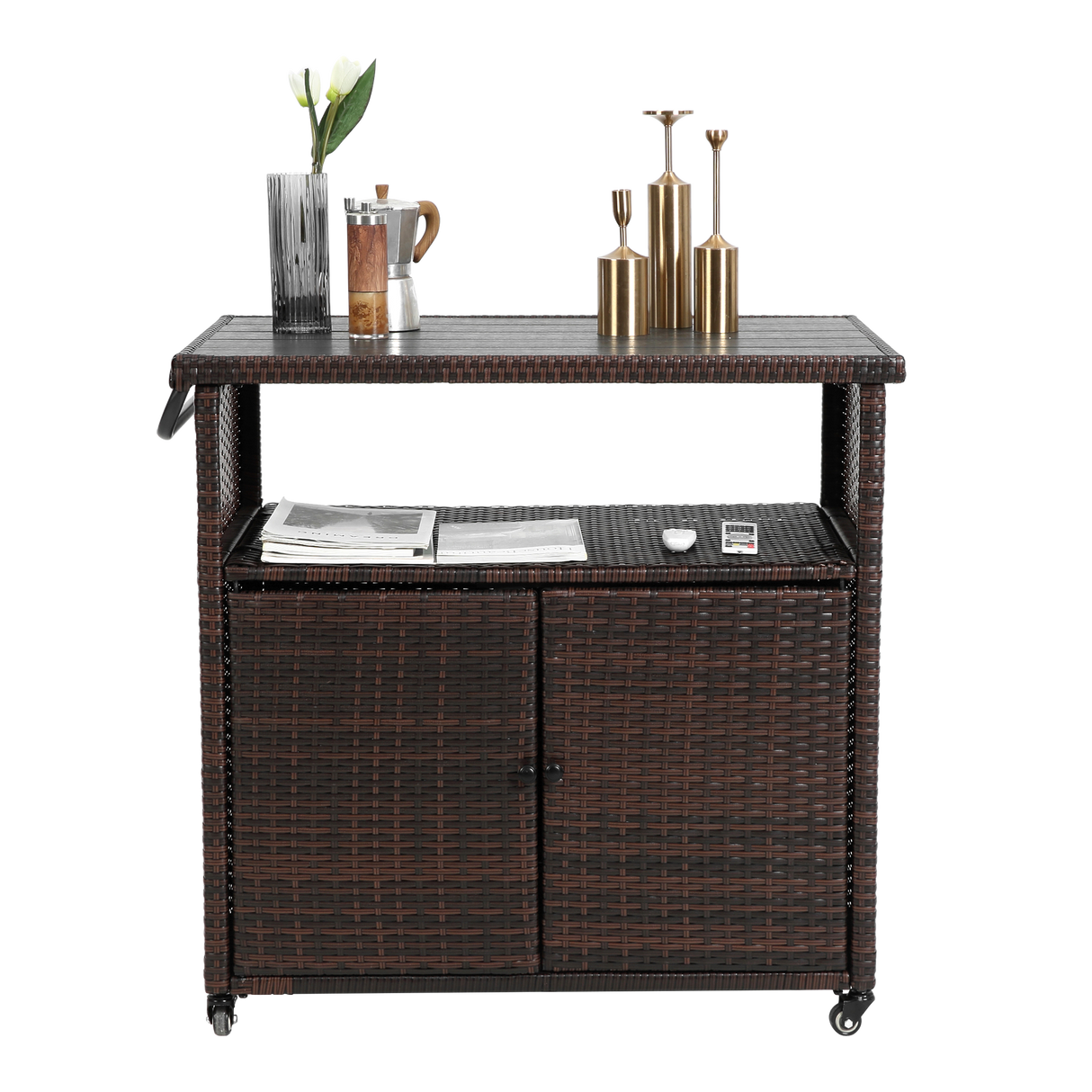 Outdoor Wicker Bar Cart with Glass Top and Wheels - Light Brown