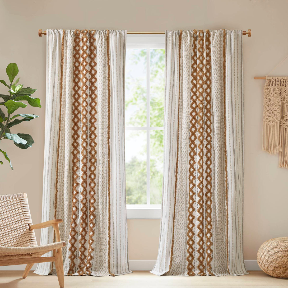 1 PC 50x84' Cotton Printed Window Panel with Chenille Stripe and Lining