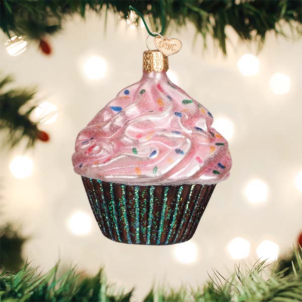 Pink Chocolate Cupcake Glass Ornament