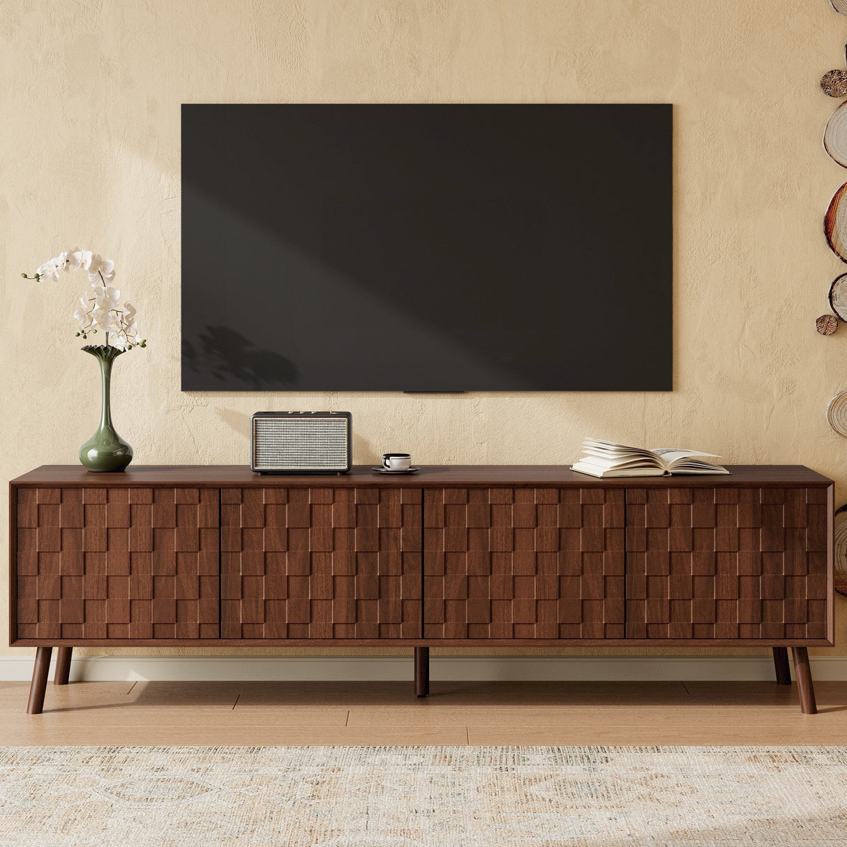70inch Modern TV Stand for TVs up to 80 Inches with Walnut Legs