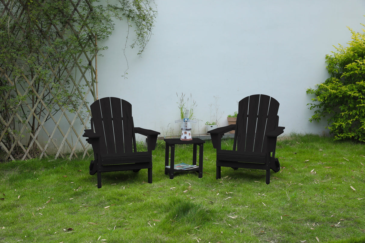 Folding Adirondack Chair with Side Table, 3-Piece Adirondack Chair Set with Wood Texture, Black(includes 2 Chairs and 1 Table)