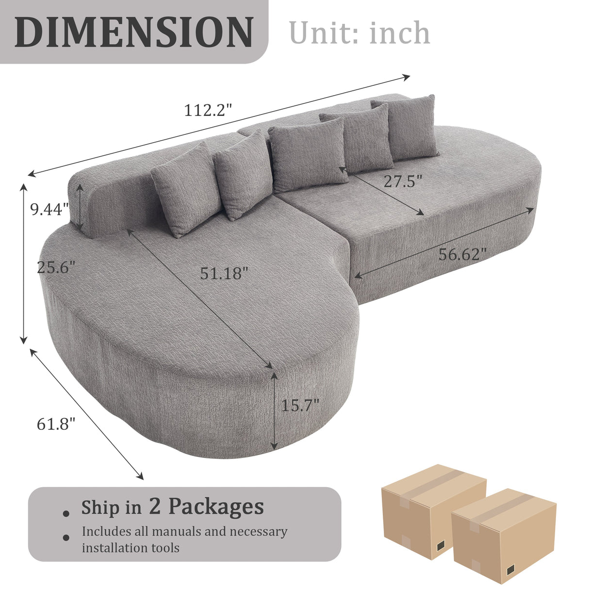 110.2" * 62" Boneless Sectional Curved Sofa with 5 Pillows