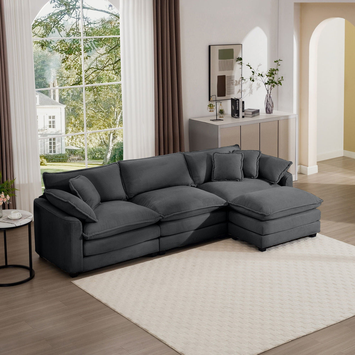 Modern Modular Cushion Sofa Set with Ottoman - Fabric, Multiple Colors
