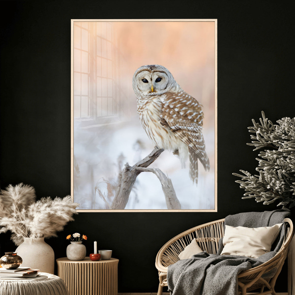Barred Owl Wall Art Canvas Print – Soft Neutral Wildlife