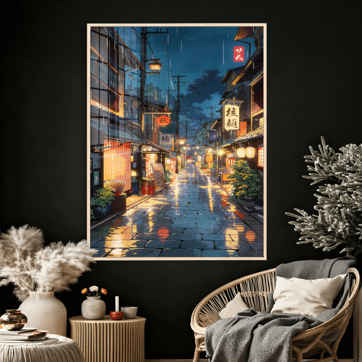 Tokyo Tea House Canvas Wall Art — Japan Rainy Night Street