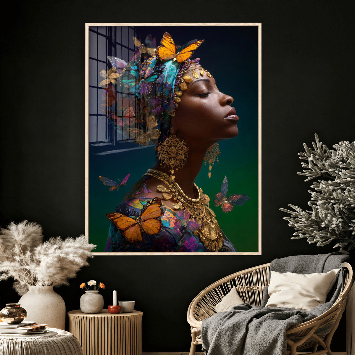 Butterfly Crown Gold Woman Portrait — Monarch Queen Canvas
