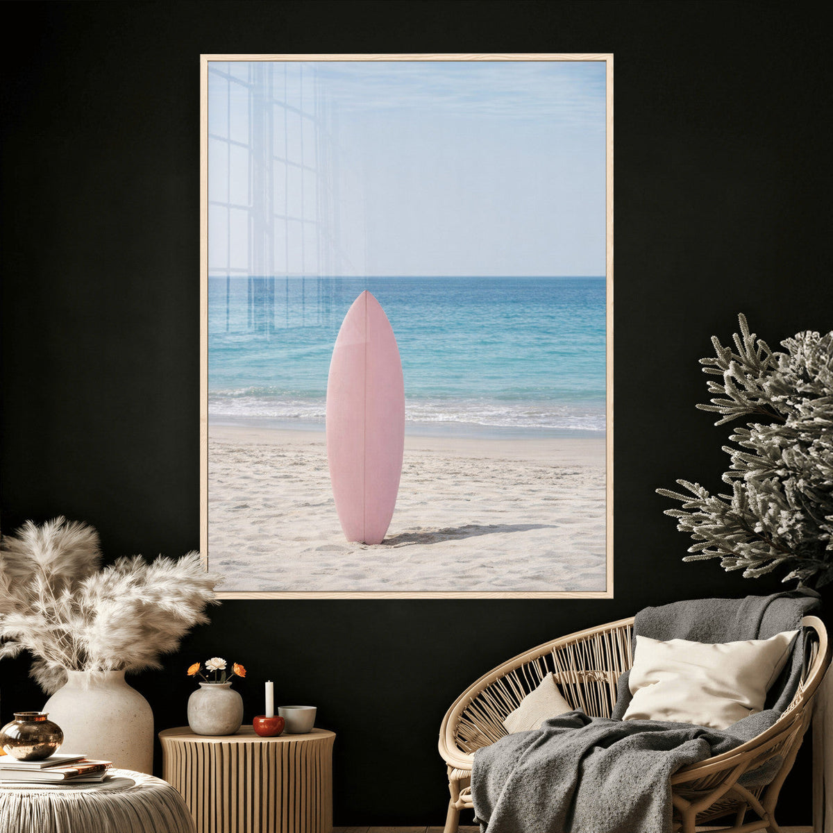 Pink Surfboard Canvas Wall Art, Minimalist Beach Photography