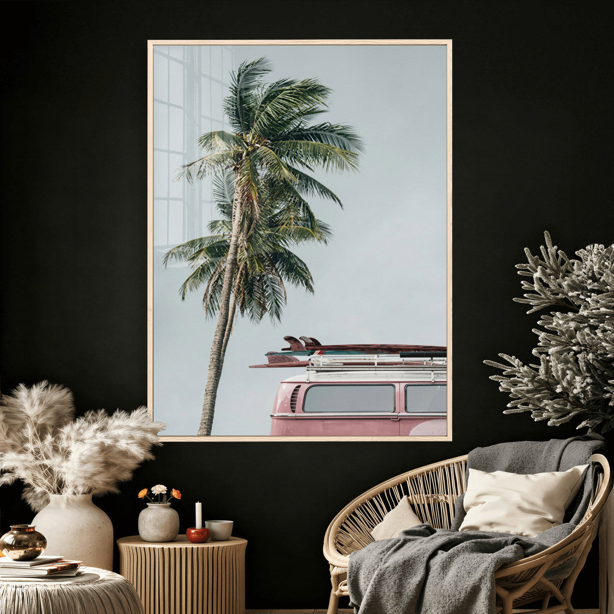 VW Van Palm Tree Canvas Wall Art, Pink Camper Surfboards
