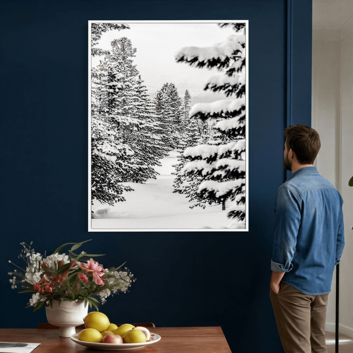 Winter Pine Forest Wall Art Canvas Print, Minimal Winter