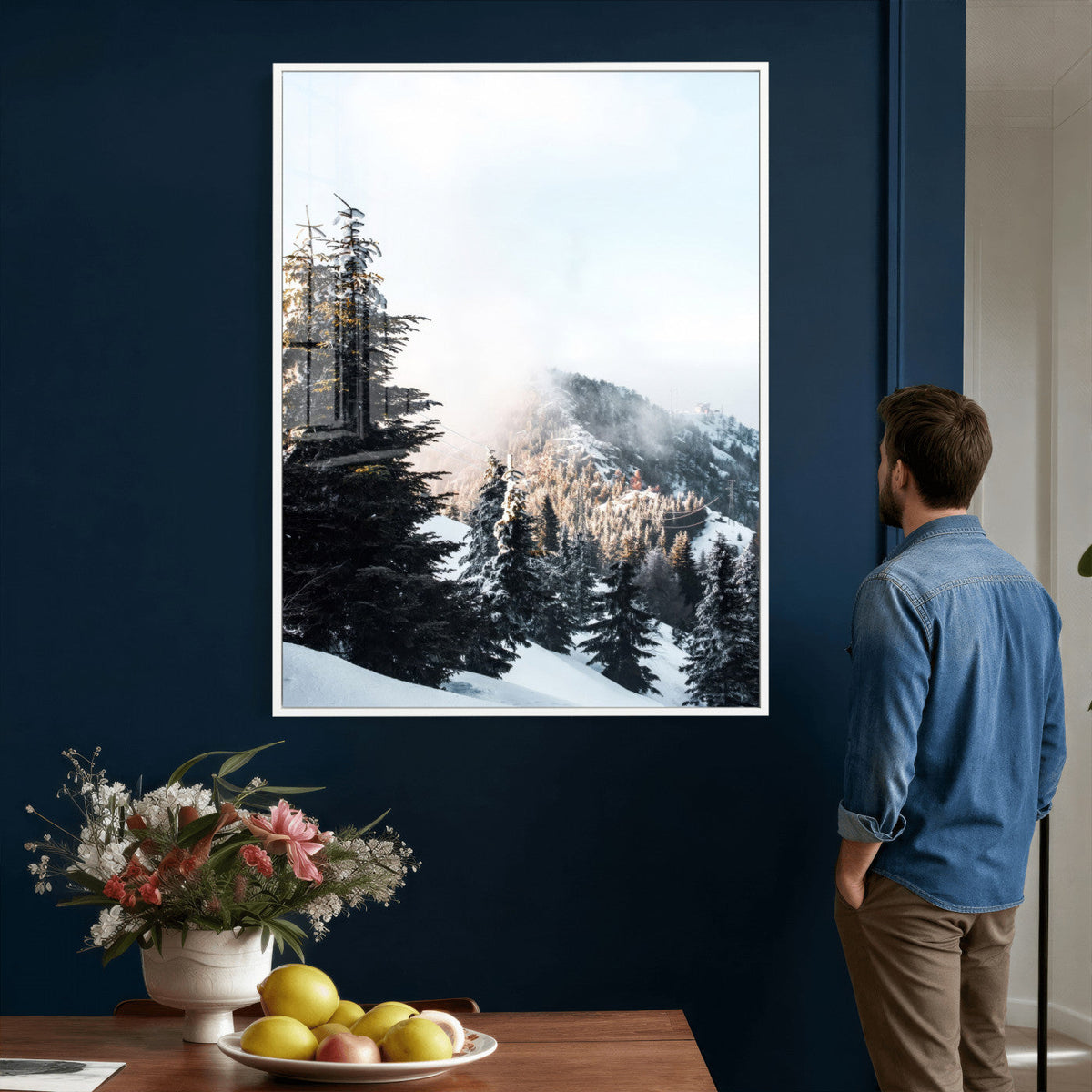 Snowy Mountain Forest Wall Art Canvas Print, Winter Pine
