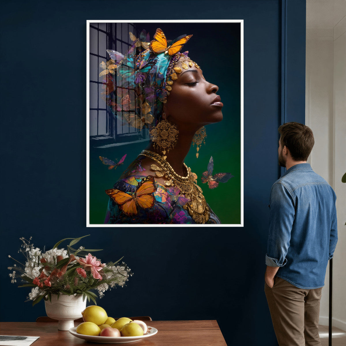 Butterfly Crown Gold Woman Portrait — Monarch Queen Canvas