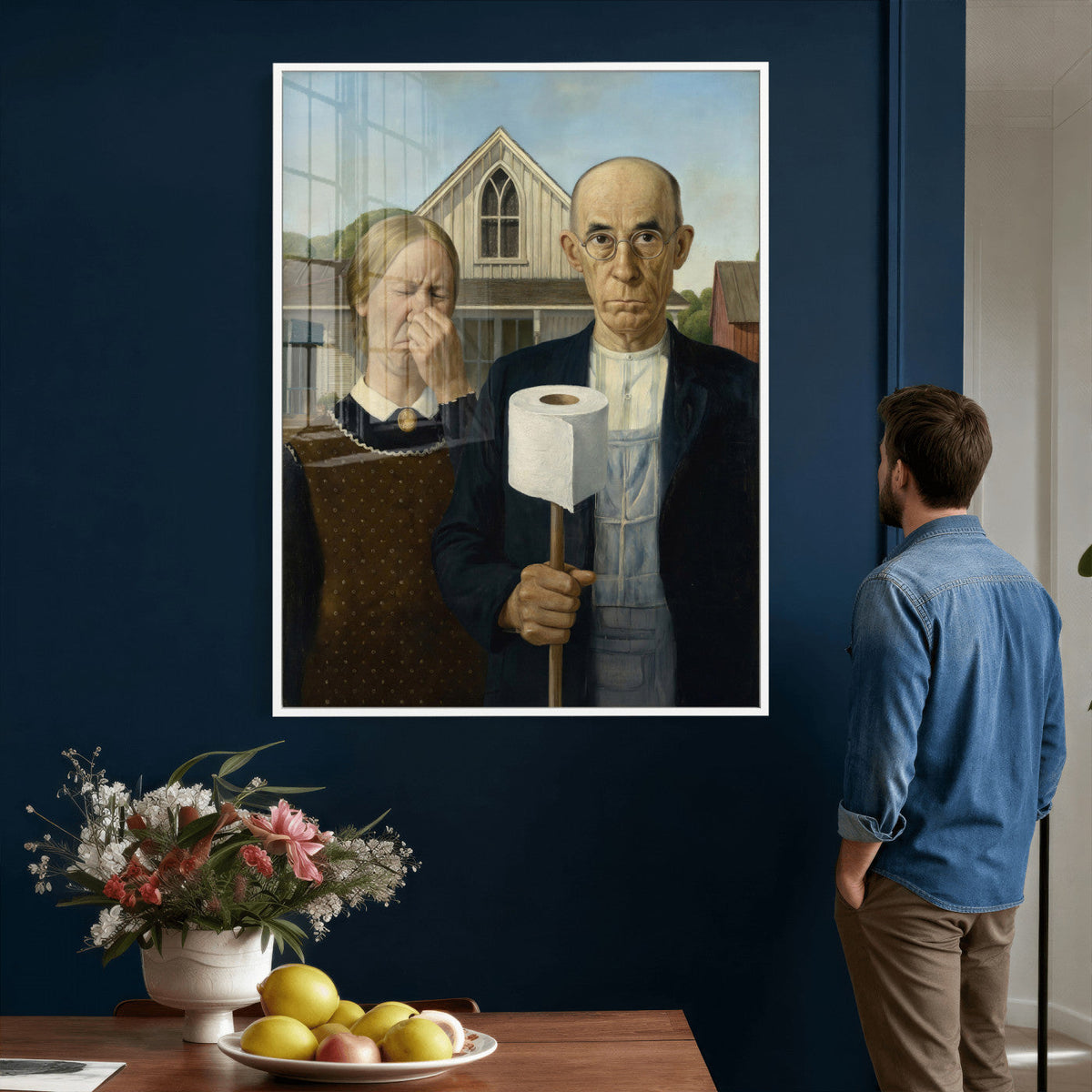Funny Bathroom Canvas Wall Art, Grant Wood American Gothic
