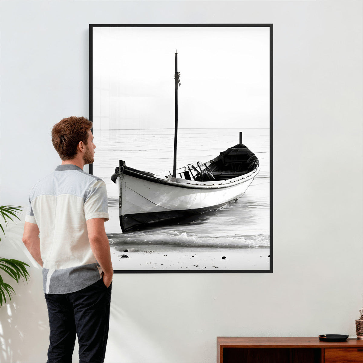 Minimal Boat Wall Art Canvas Print – Black and White Coastal