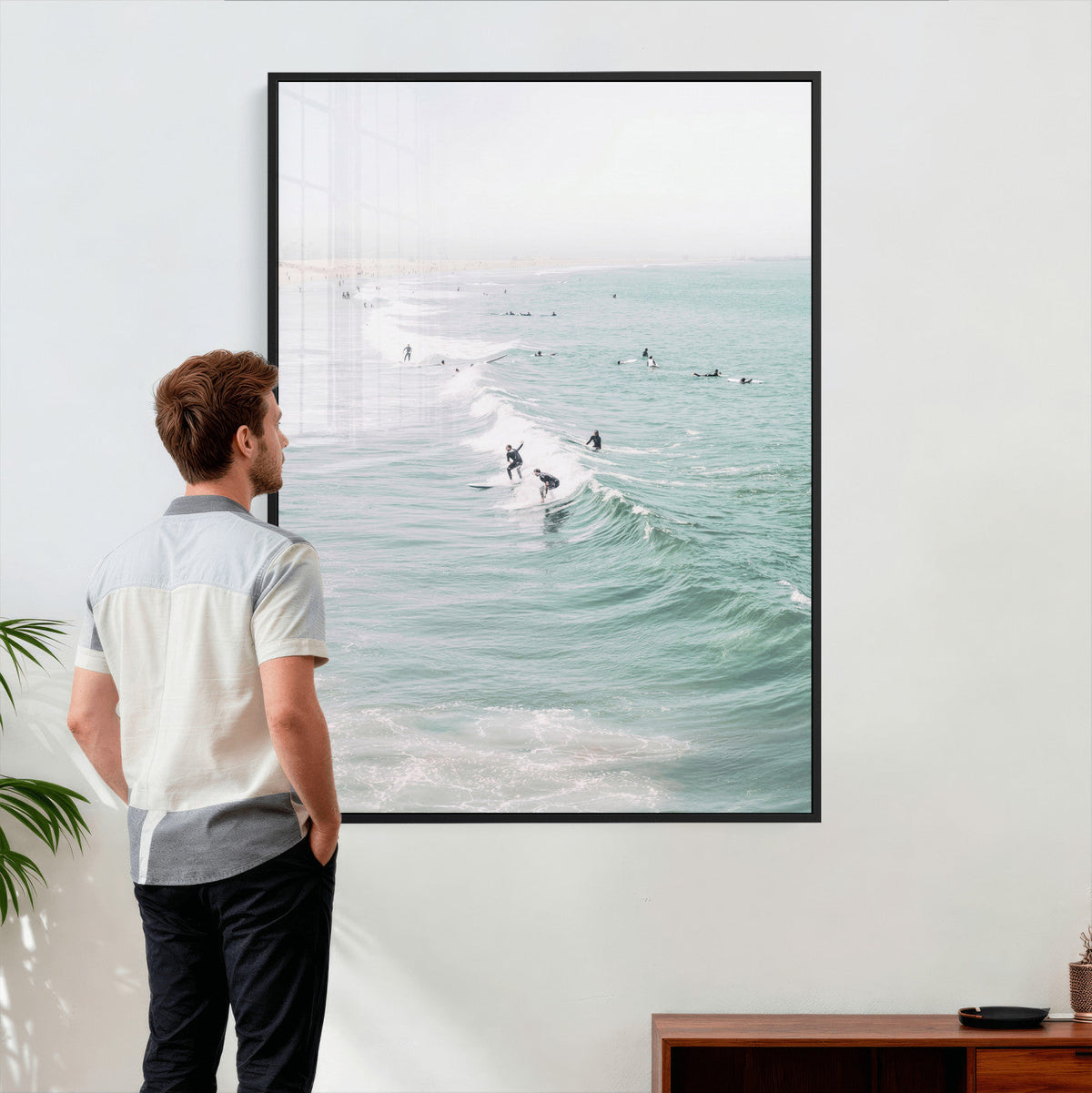 Surfers on Waves Canvas Wall Art, Aerial Ocean Photography