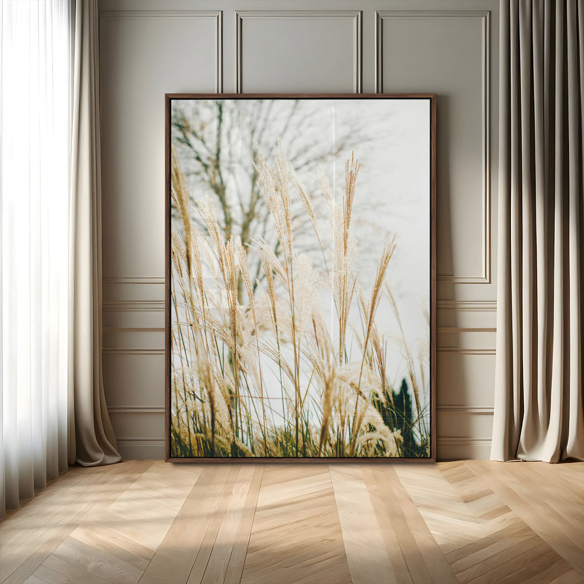 Pampas Grass Wall Art Canvas Print – Framed Neutral Tones