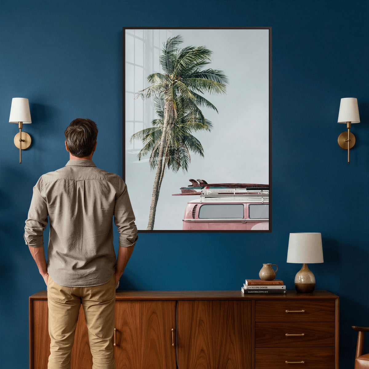 VW Van Palm Tree Canvas Wall Art, Pink Camper Surfboards