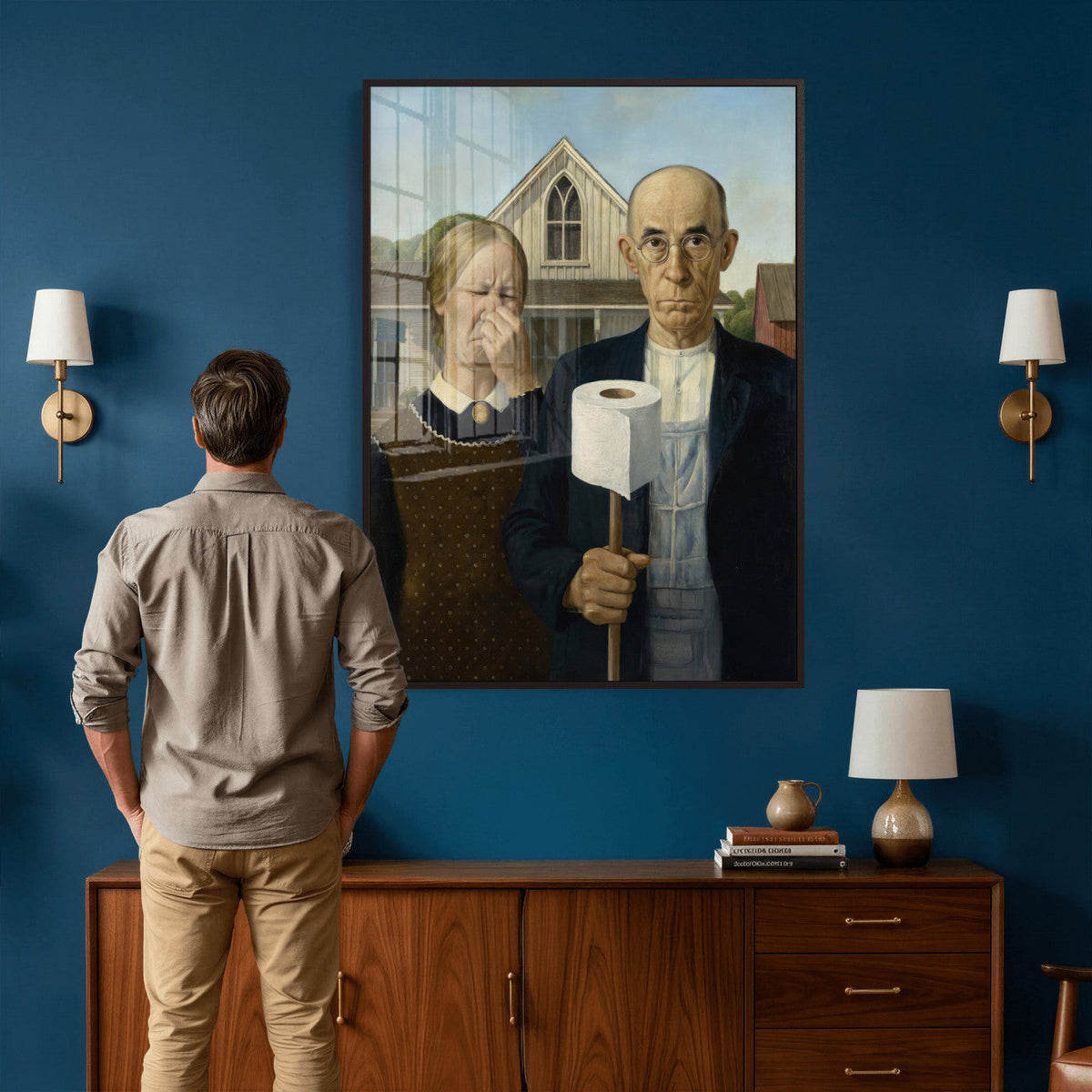 Funny Bathroom Canvas Wall Art, Grant Wood American Gothic