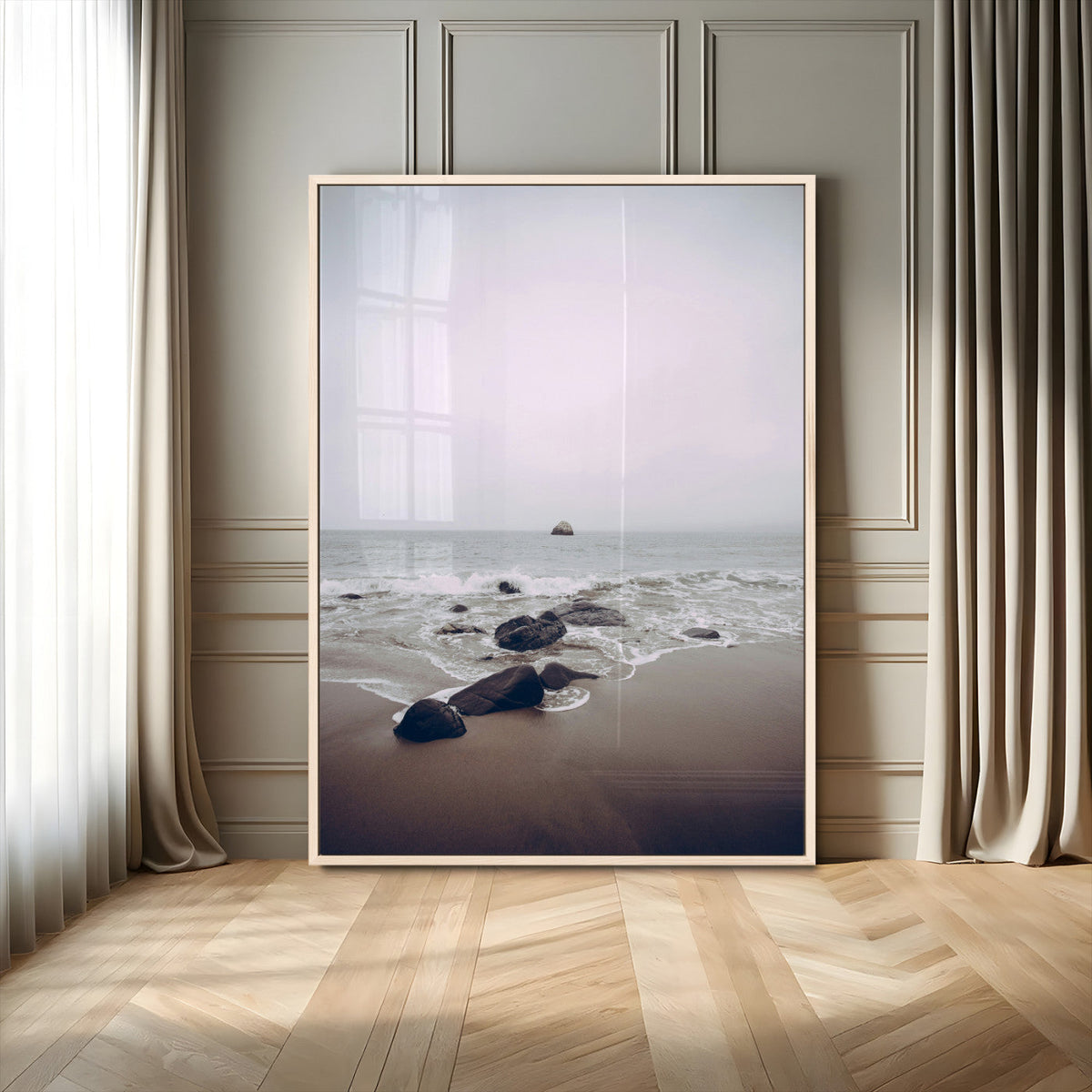 Moody Seascape Wall Art Canvas Print – Framed Neutral Foggy