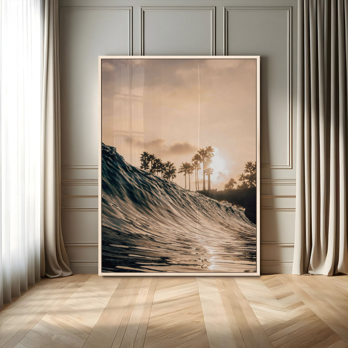 Sunset Wave Ocean Wall Art – Framed Palm Tree Canvas