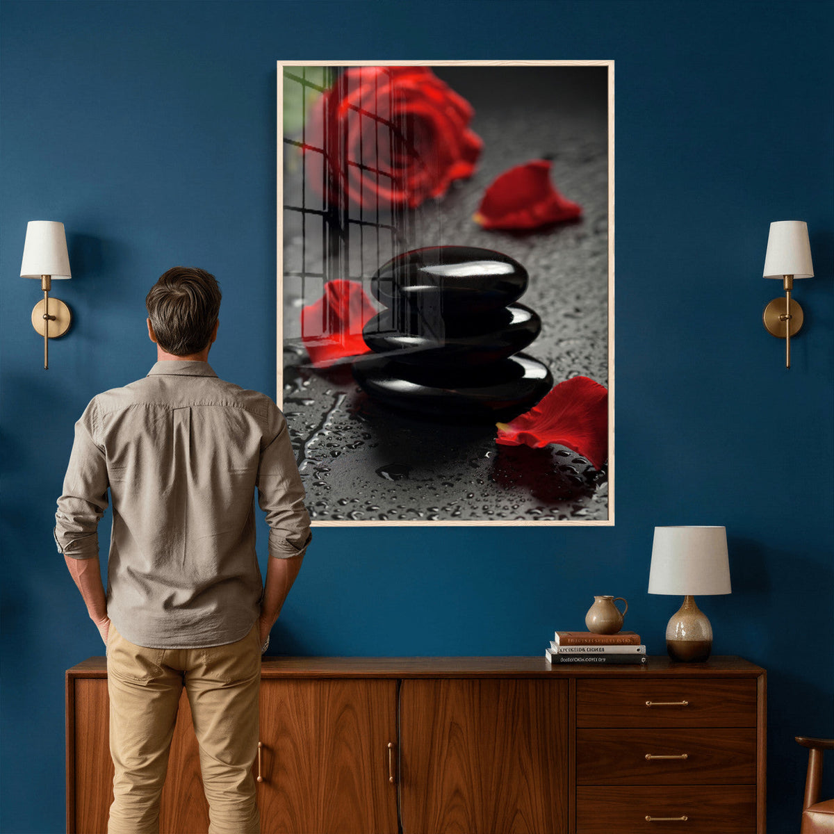 Black Lava Stone Rose Canvas | Red Rose Spa Photography