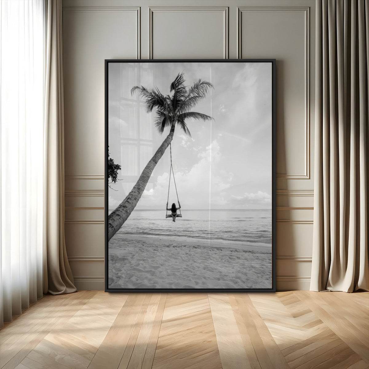 Black White Palm Tree Wall Art Canvas Print – Framed